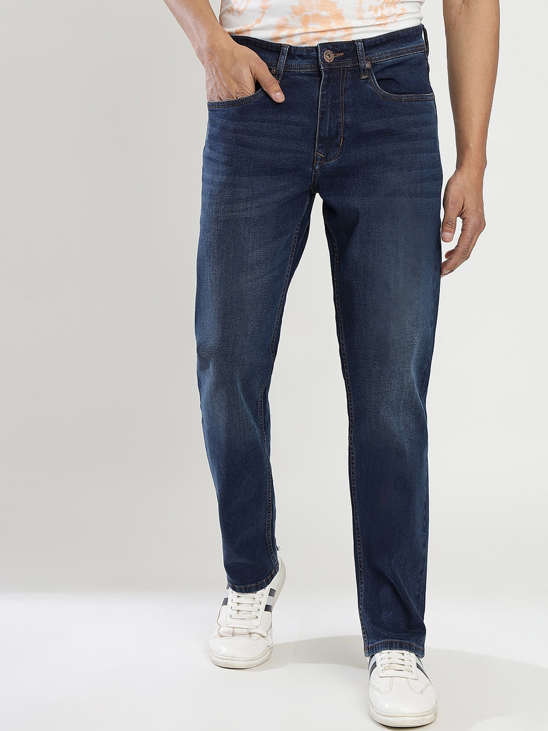 

Greenfibre Men Straight Fit Light Fade Stretchable Jeans, Navy blue
