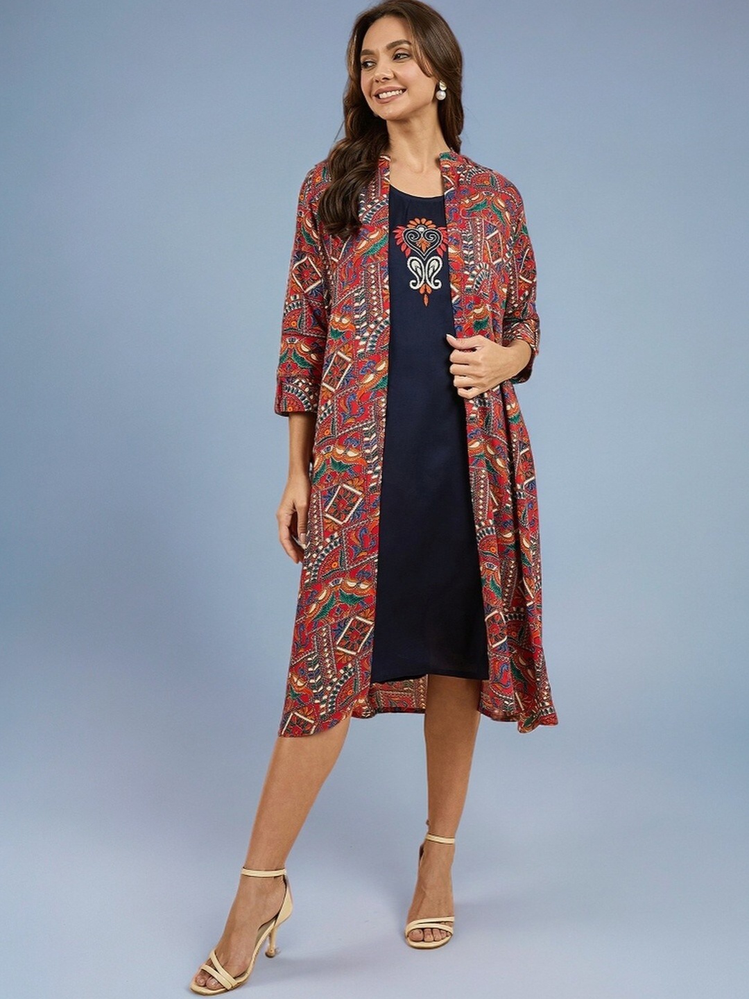 

Azira Ethnic Motifs Print A-Line Dress With Shrug, Blue