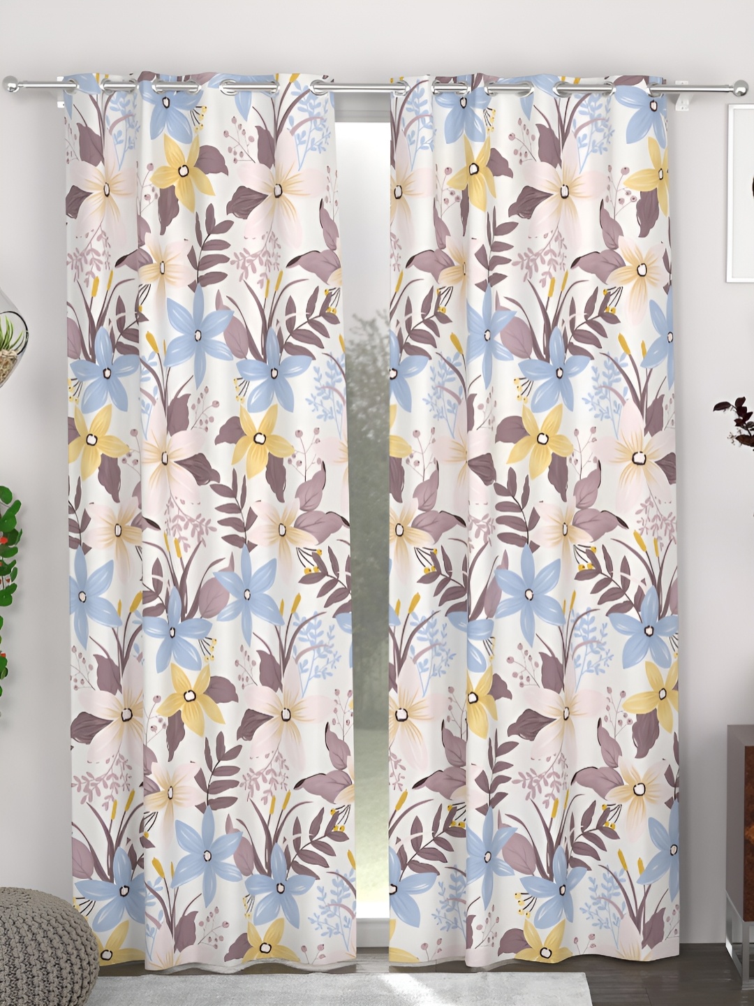 

CHHAVI INDIA Grey & White 2 Pieces Floral Printed Eyelet Door Curtains