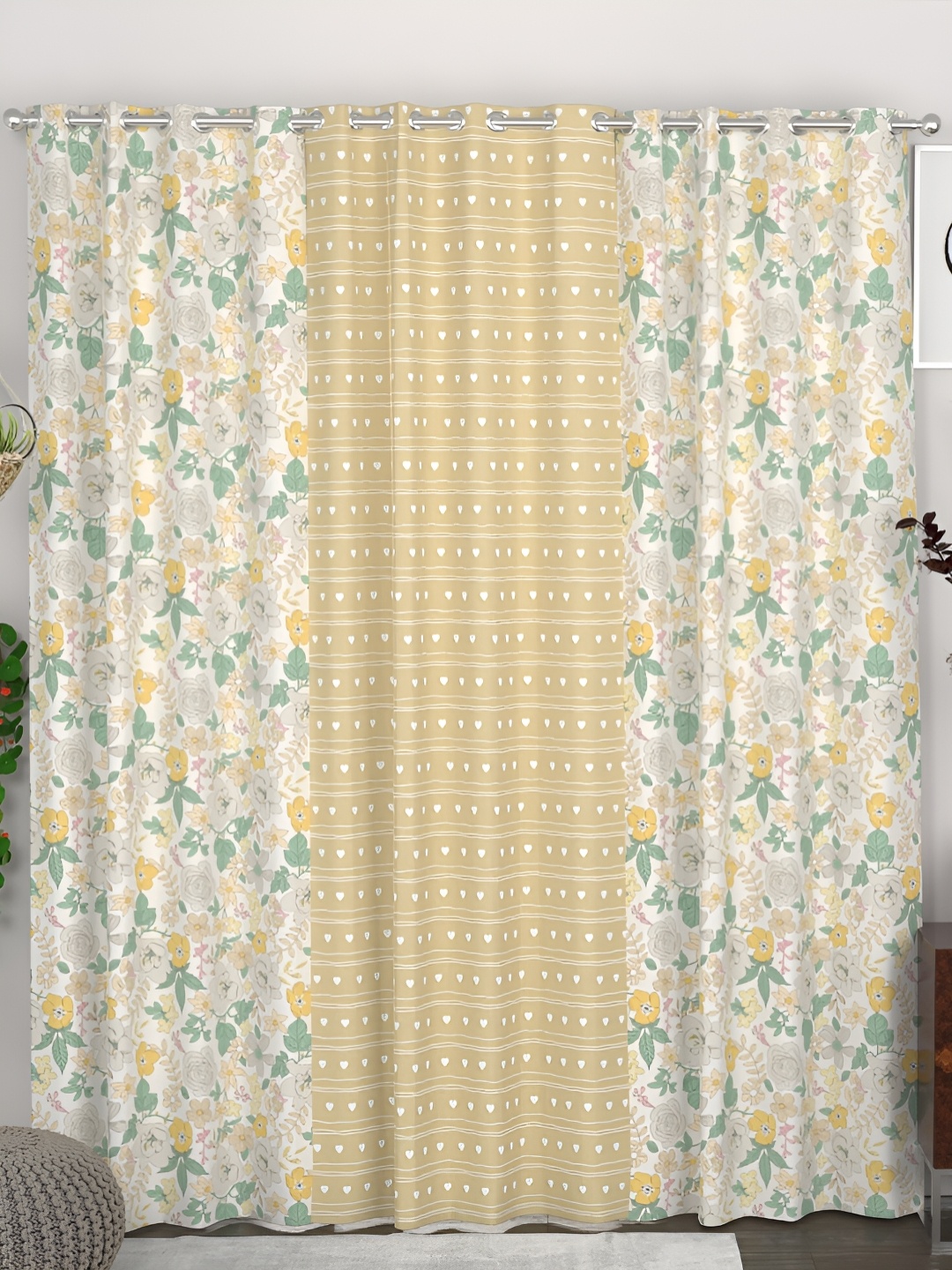 

CHHAVI INDIA Yellow & White 3 Pieces Floral Printed Eyelet Door Curtains