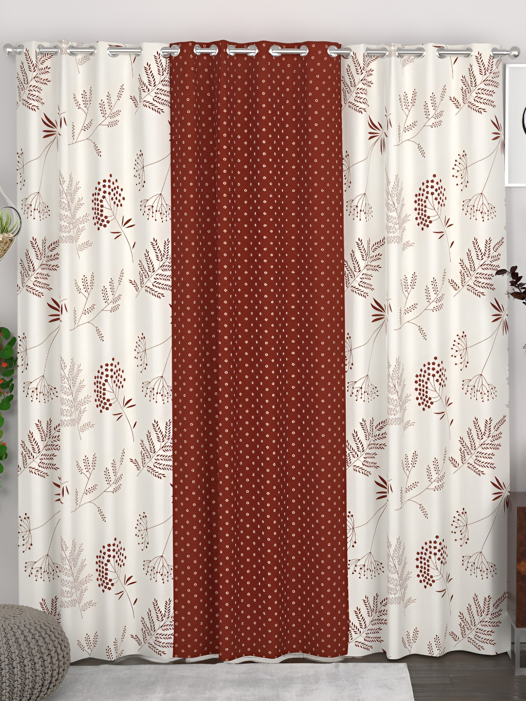 

CHHAVI INDIA Maroon & White 3 Pieces Floral Printed Eyelet Door Curtains
