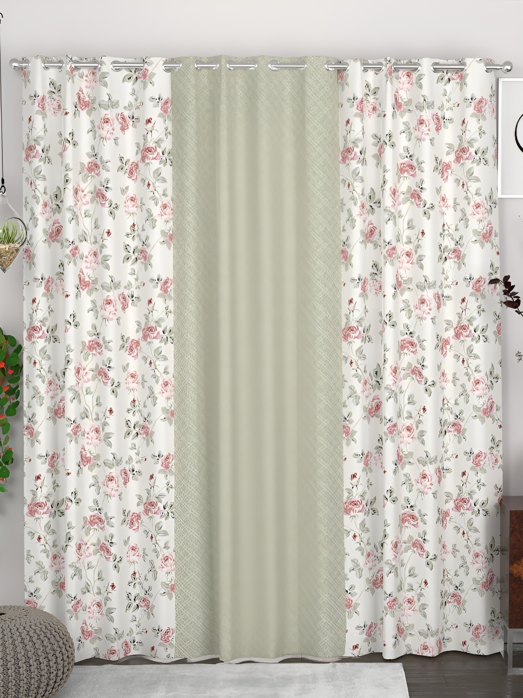 

CHHAVI INDIA Pink & White 3 Pieces Floral Printed Eyelet Door Curtains