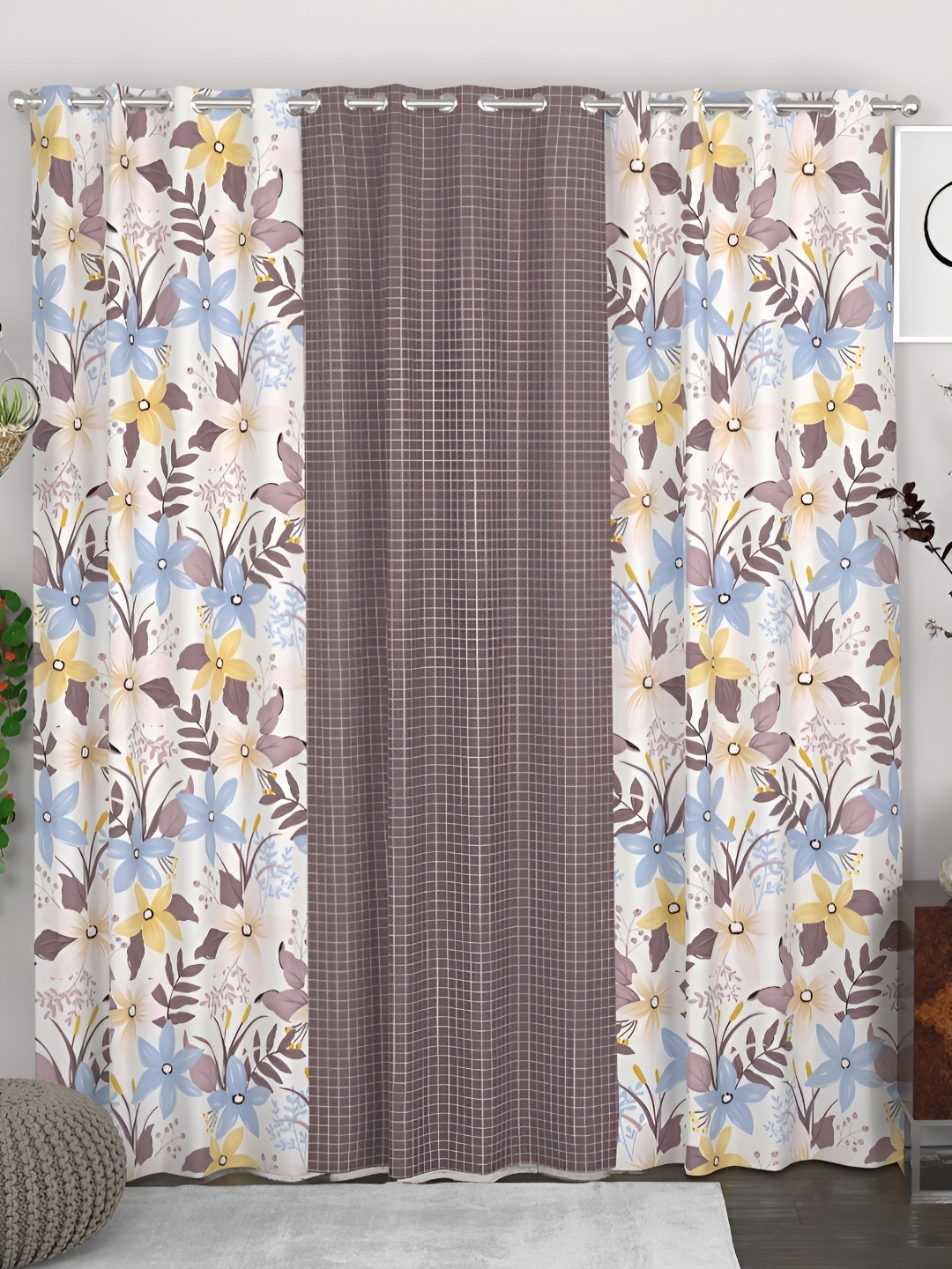 

CHHAVI INDIA Grey & White 3 Pieces Floral Printed Eyelet Door Curtains