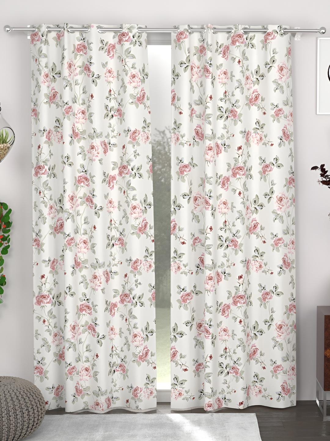 

CHHAVI INDIA Pink & White 2 Pieces Floral Printed Eyelet Door Curtains