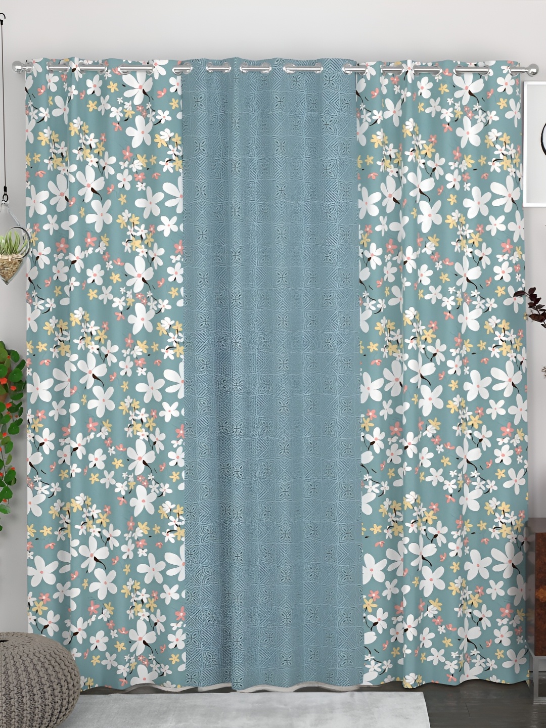

CHHAVI INDIA Grey & White 3 Pieces Floral Printed Eyelet Door Curtains
