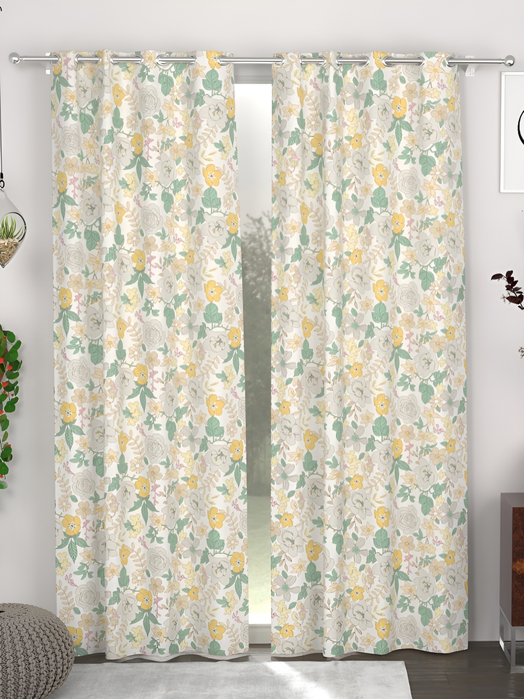 

CHHAVI INDIA Yellow & White 2 Pieces Floral Printed Eyelet Door Curtains