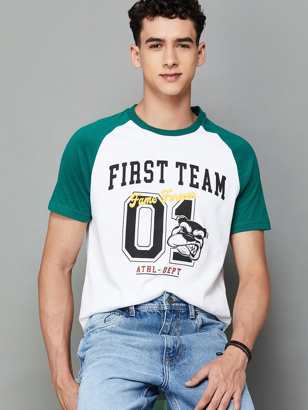 

Fame Forever by Lifestyle Typography Printed Round Neck Raglan Sleeves Cotton T-shirt, Green
