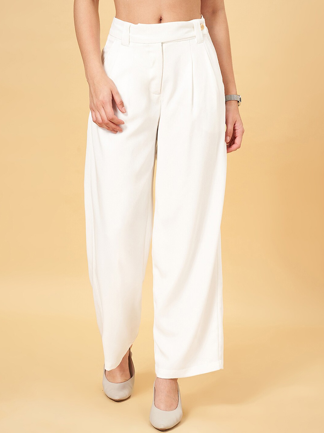 

Annabelle by Pantaloons Women Flared Pleated Trousers, Off white