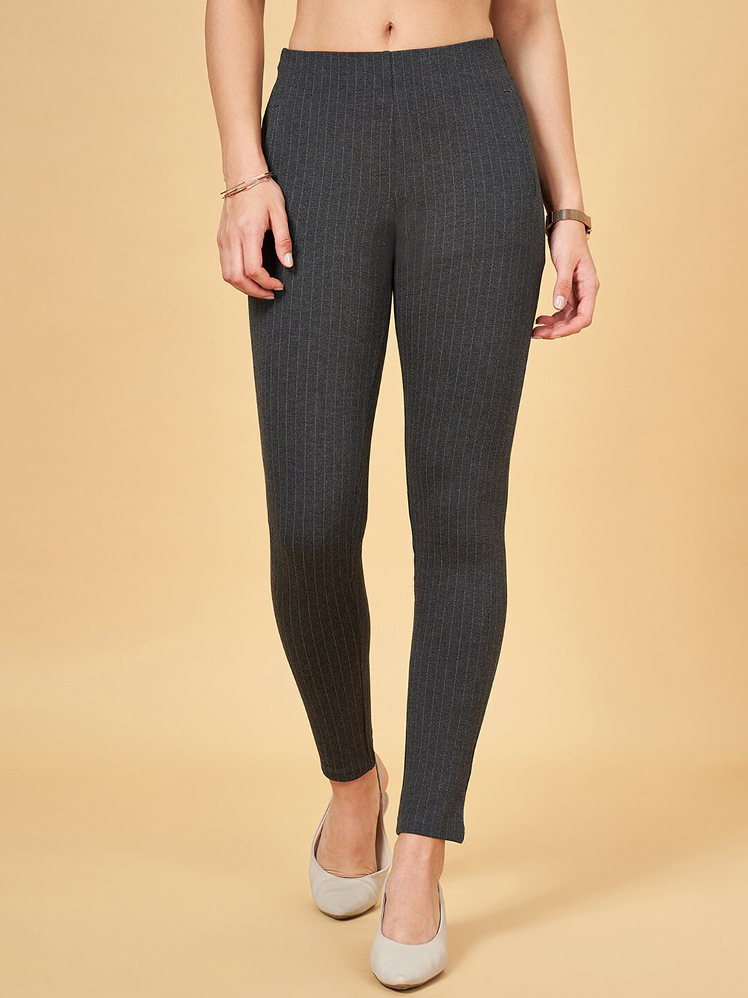 

Annabelle by Pantaloons Women Striped Mid-Rise Slim Fit Trousers, Brown