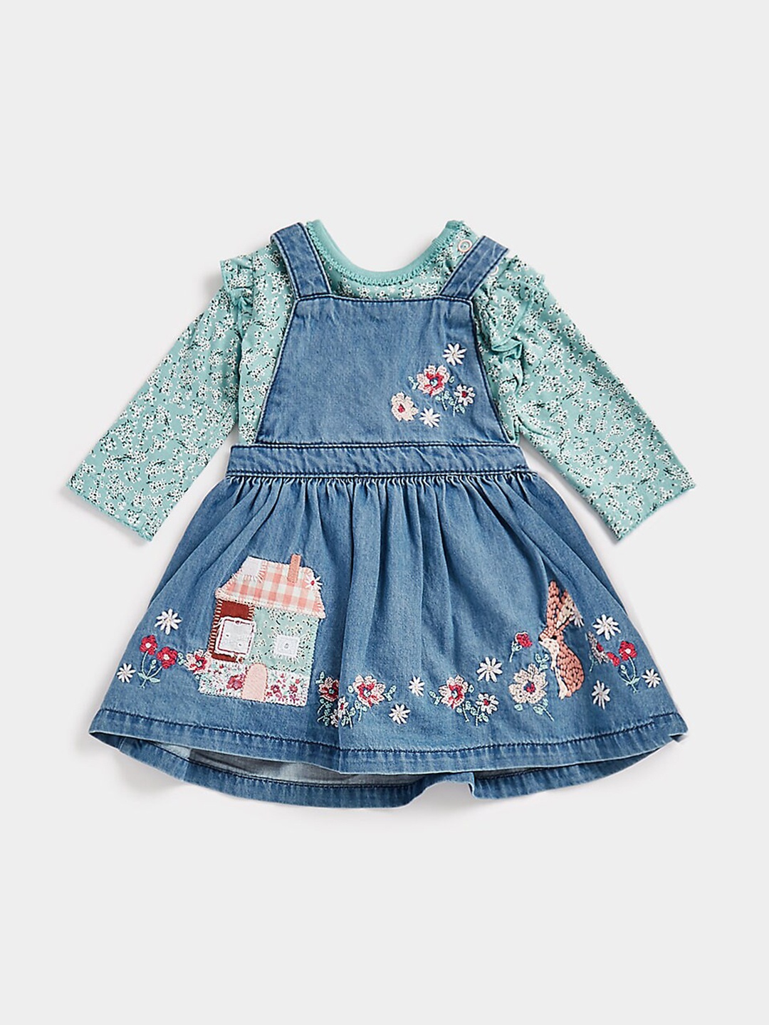 

mothercare Girls Floral Self Design Flared Cotton Fit & Flare Dress, Blue
