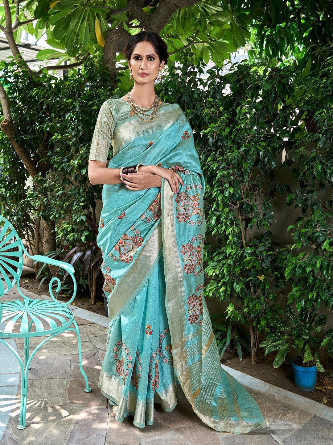 

KALINI Ethnic Motifs Woven Design Zari Saree, Turquoise blue