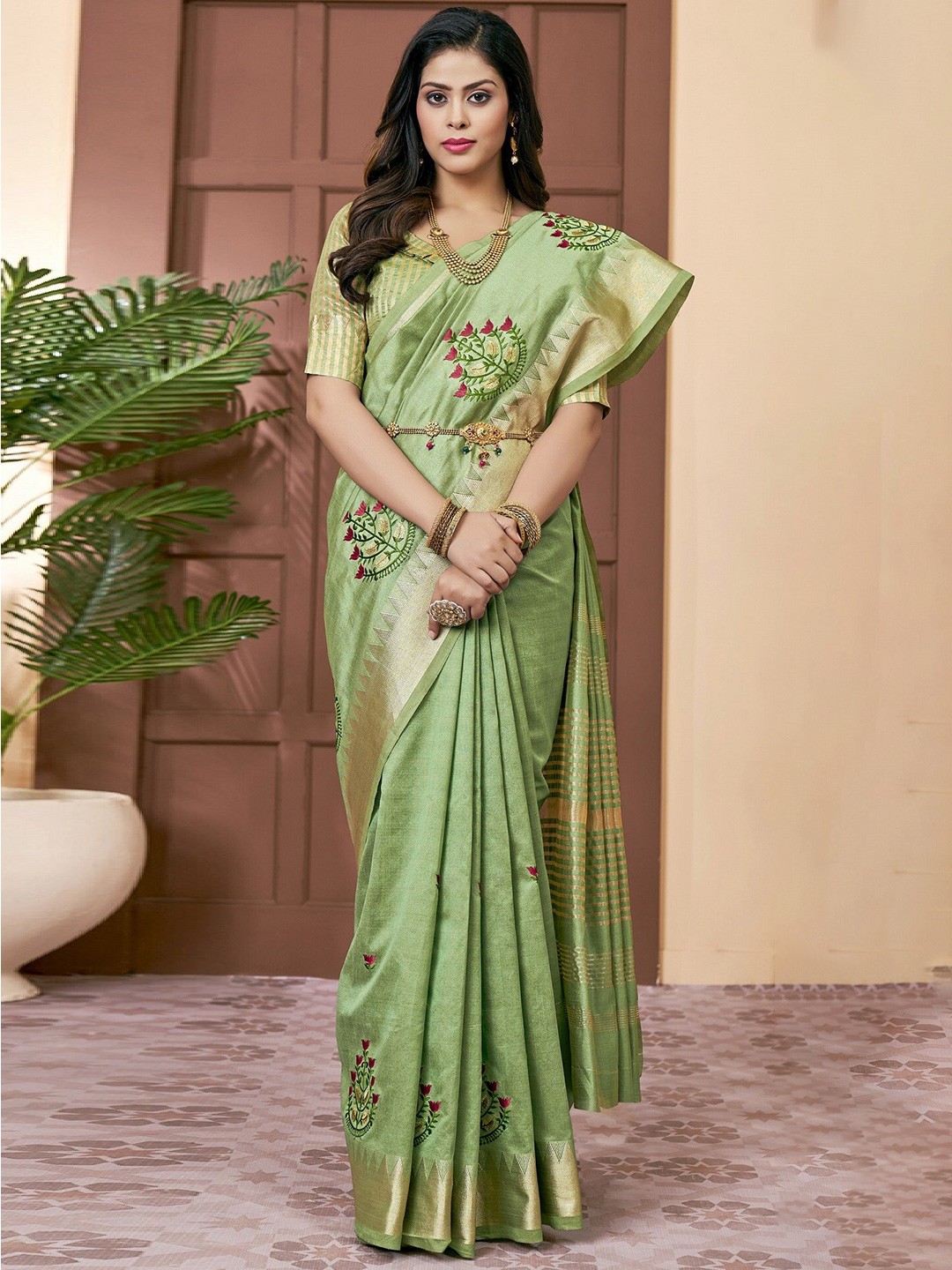 

KALINI Woven Design Zari Saree, Green