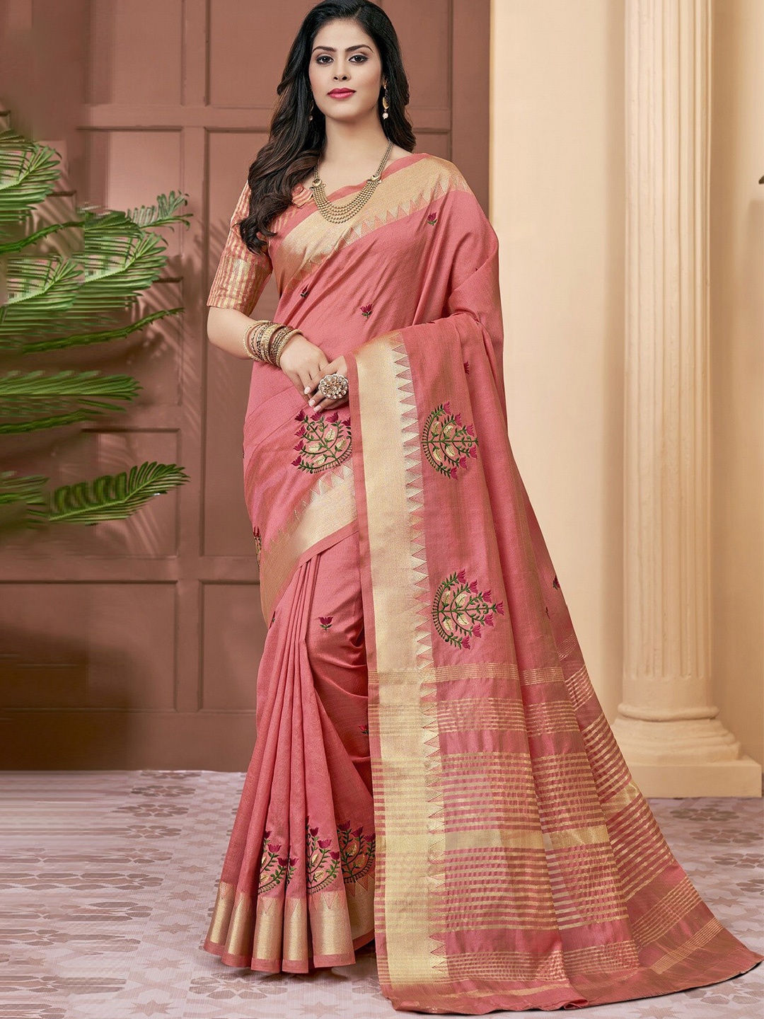 

KALINI Floral Embroidered Cotton Silk Saree, Peach