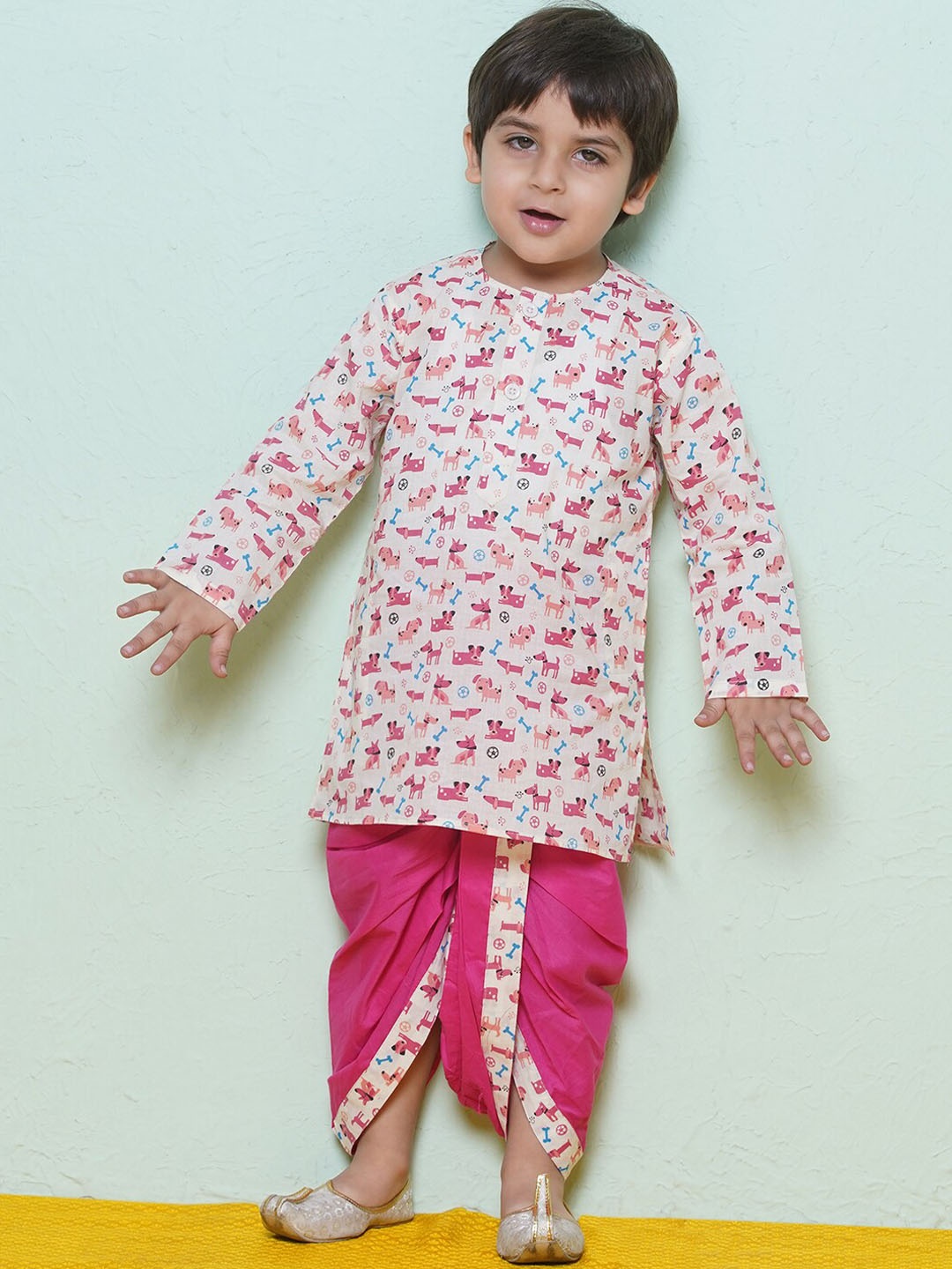 

Aj DEZInES Boys Animal Printed Regular Pure Cotton Kurta with Dhoti Pants, Pink