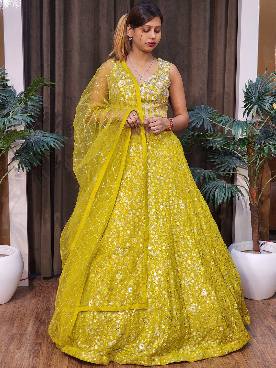 

Durga clothing Embellished Sequinned Net Ready to Wear Lehenga & Blouse With Dupatta, Green