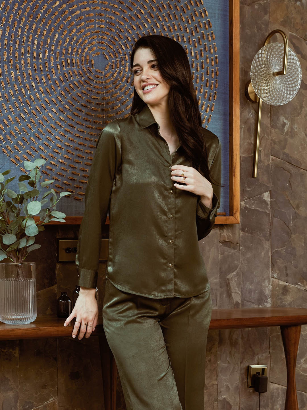 

Bombay High Cuffed Sleeves Satin Shirt With Trousers, Olive