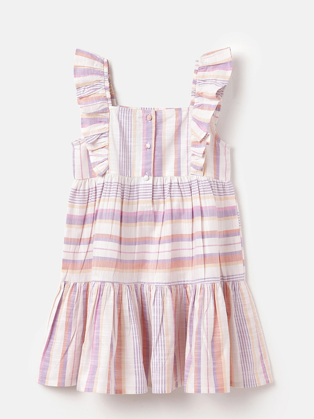 

United Colors of Benetton Girls Striped Ruffles Tiered Cotton A-Line Dress, Purple
