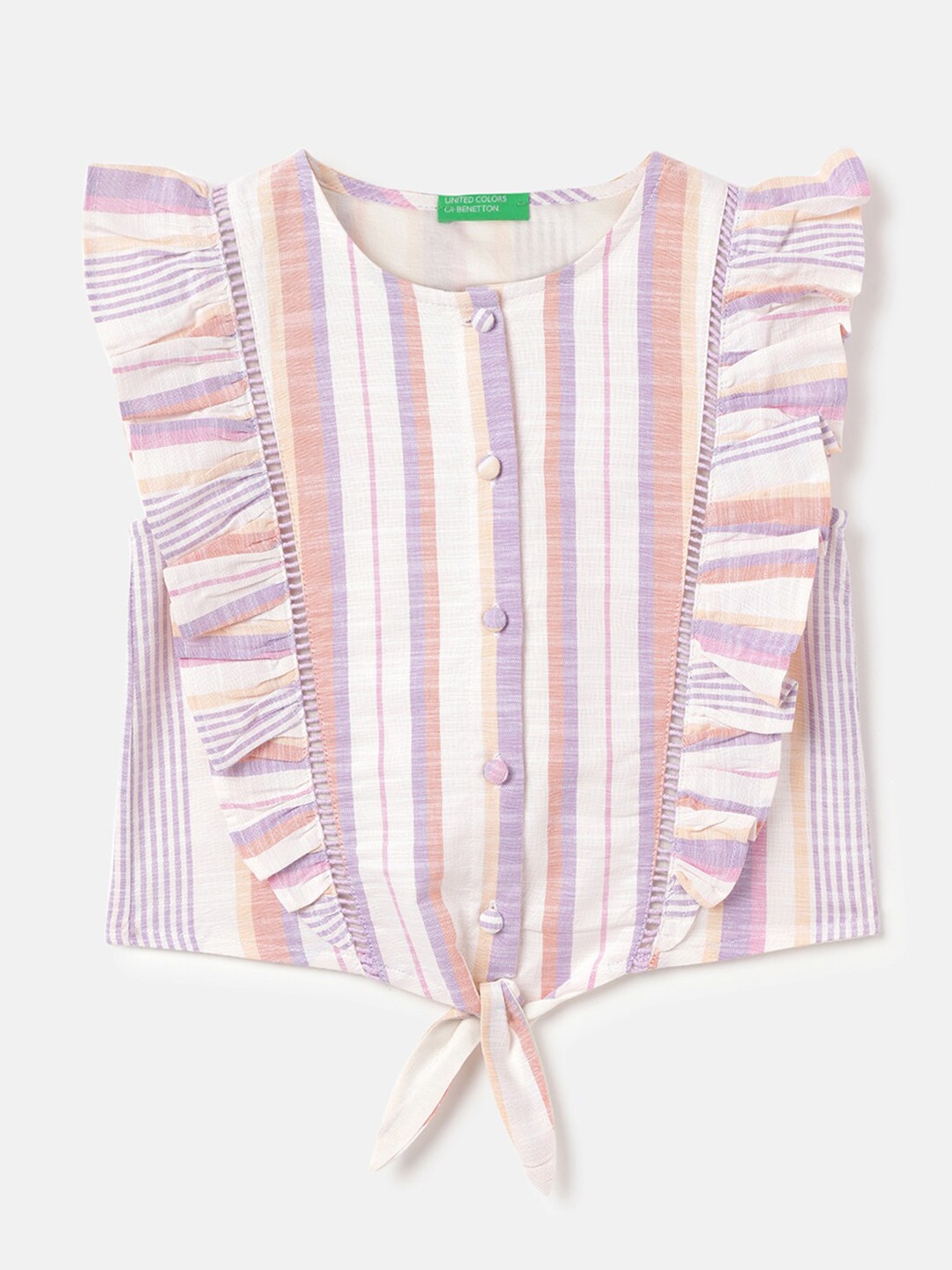

United Colors of Benetton Girls Round Neck Striped Cotton Blouson Top, White