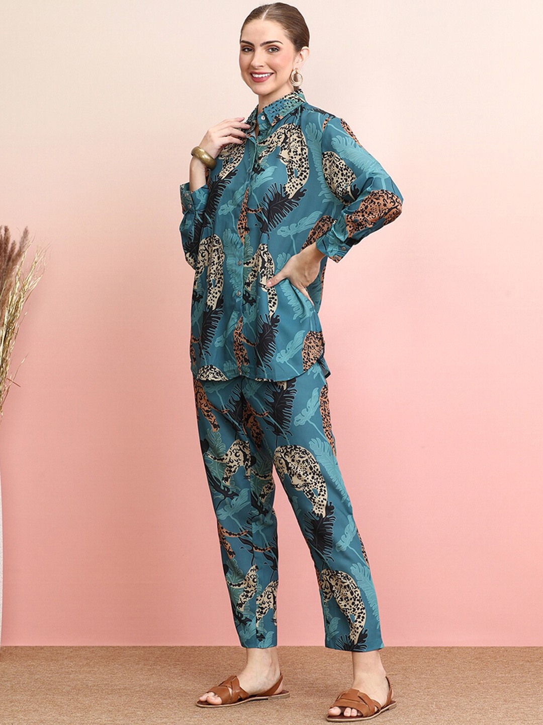 

Indo Era Printed Collar Shirt With Trousers Co-Ords, Blue
