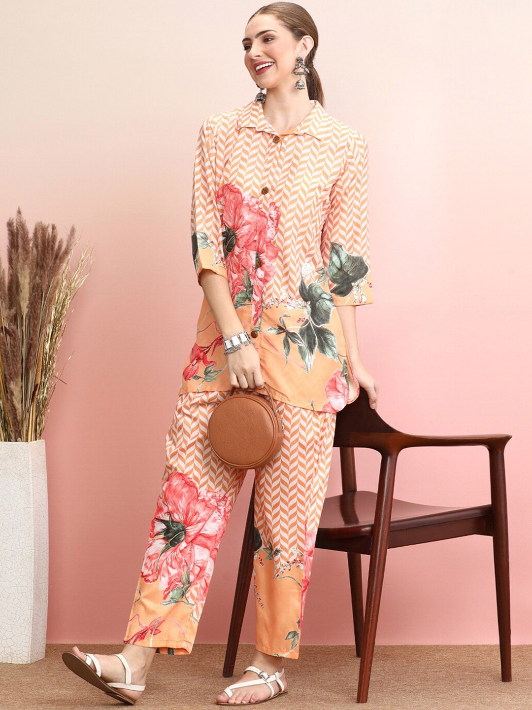 

Indo Era Floral Printed Shirt With Trousers, Yellow