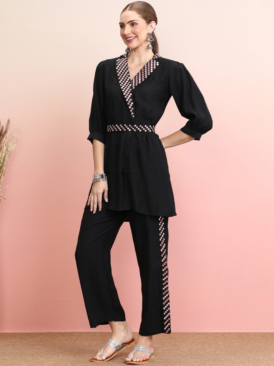 

Indo Era Embroidered Top and Trousers Co-Ords, Black