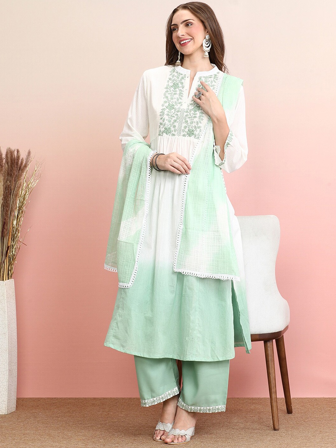 

Indo Era Floral Embroidered Empire Pure Cotton A-Line Kurta with Trousers & Dupatta, Green