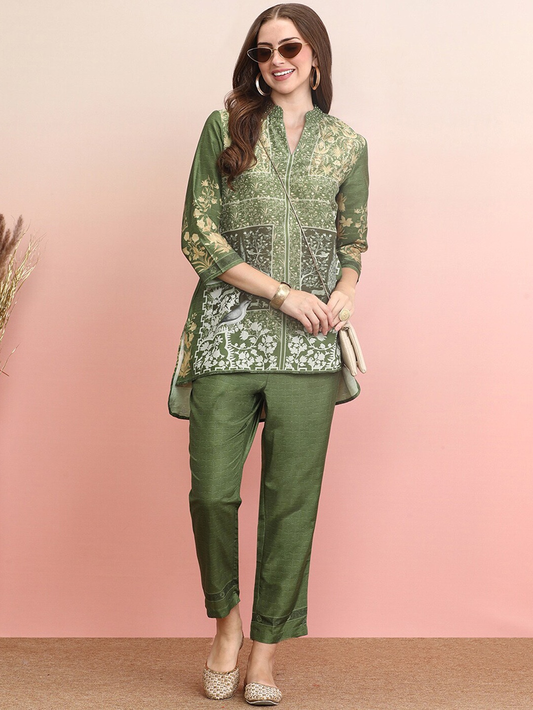 

Indo Era Printed Mandarin Collar Top With Trousers Co-Ords, Green