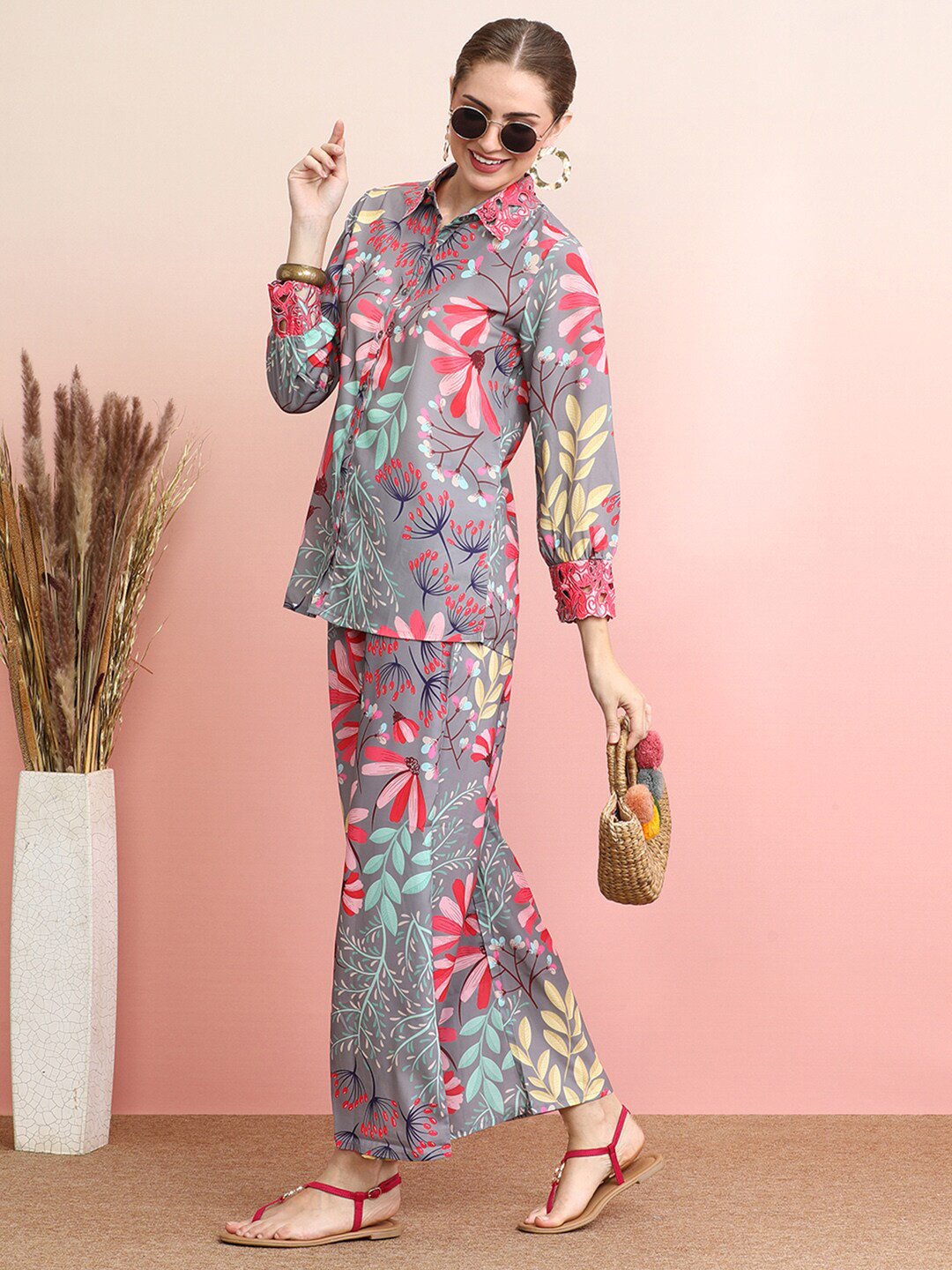 

Indo Era Printed Shirt With Palazzo Co-Ords, Grey