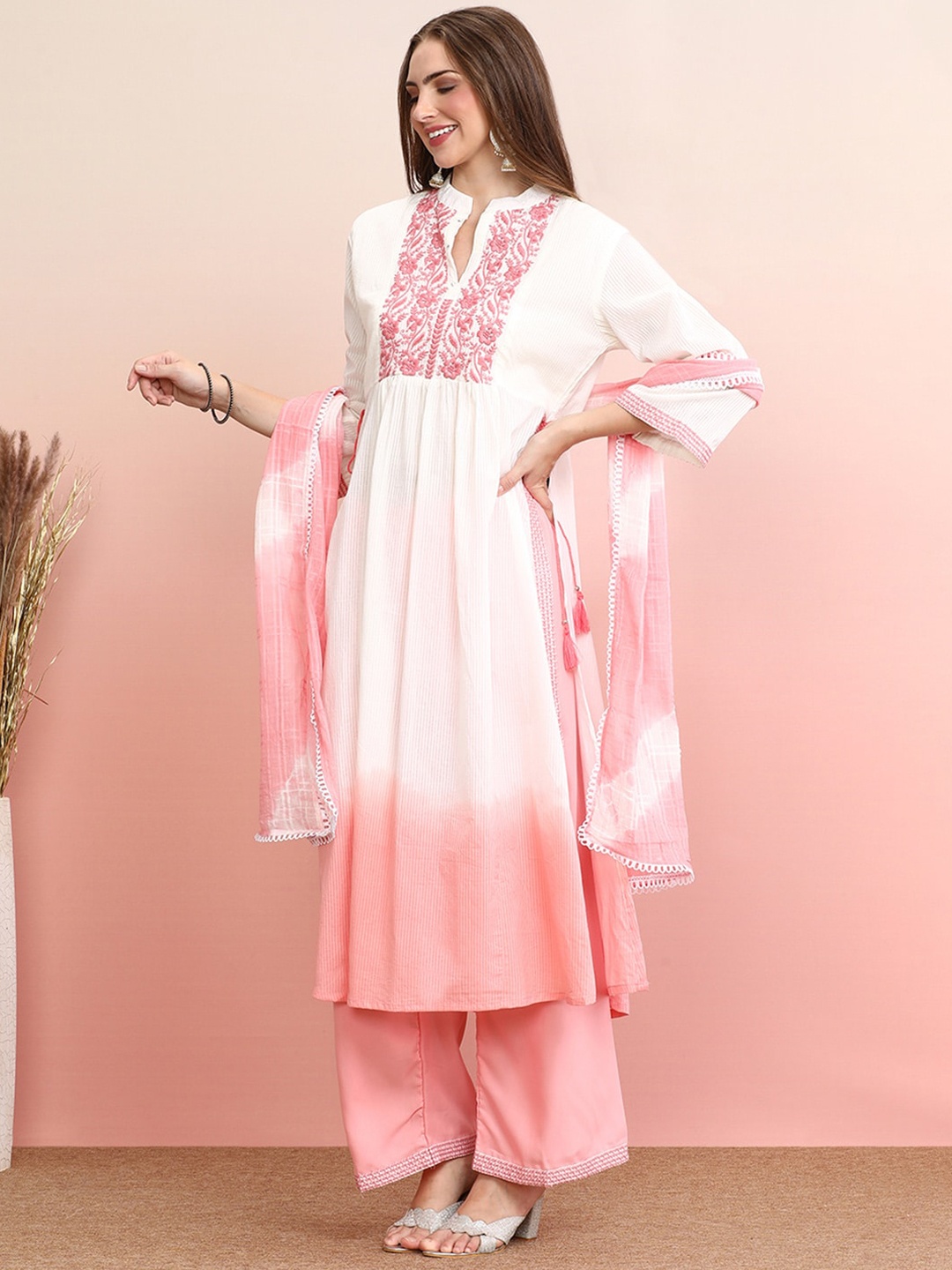 

Indo Era Pink Floral Yoke Design Empire Flared Thread Work Pure Cotton A-Line Kurta Set