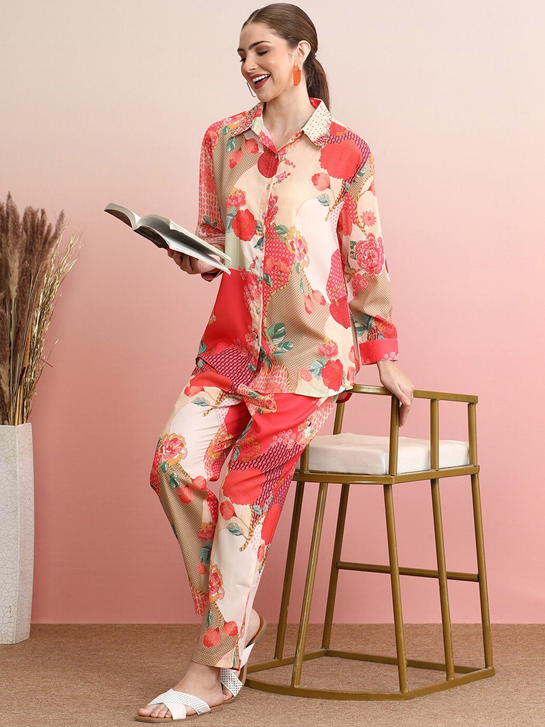 

Indo Era Printed Shirt With Palazzo Co-Ords, Red