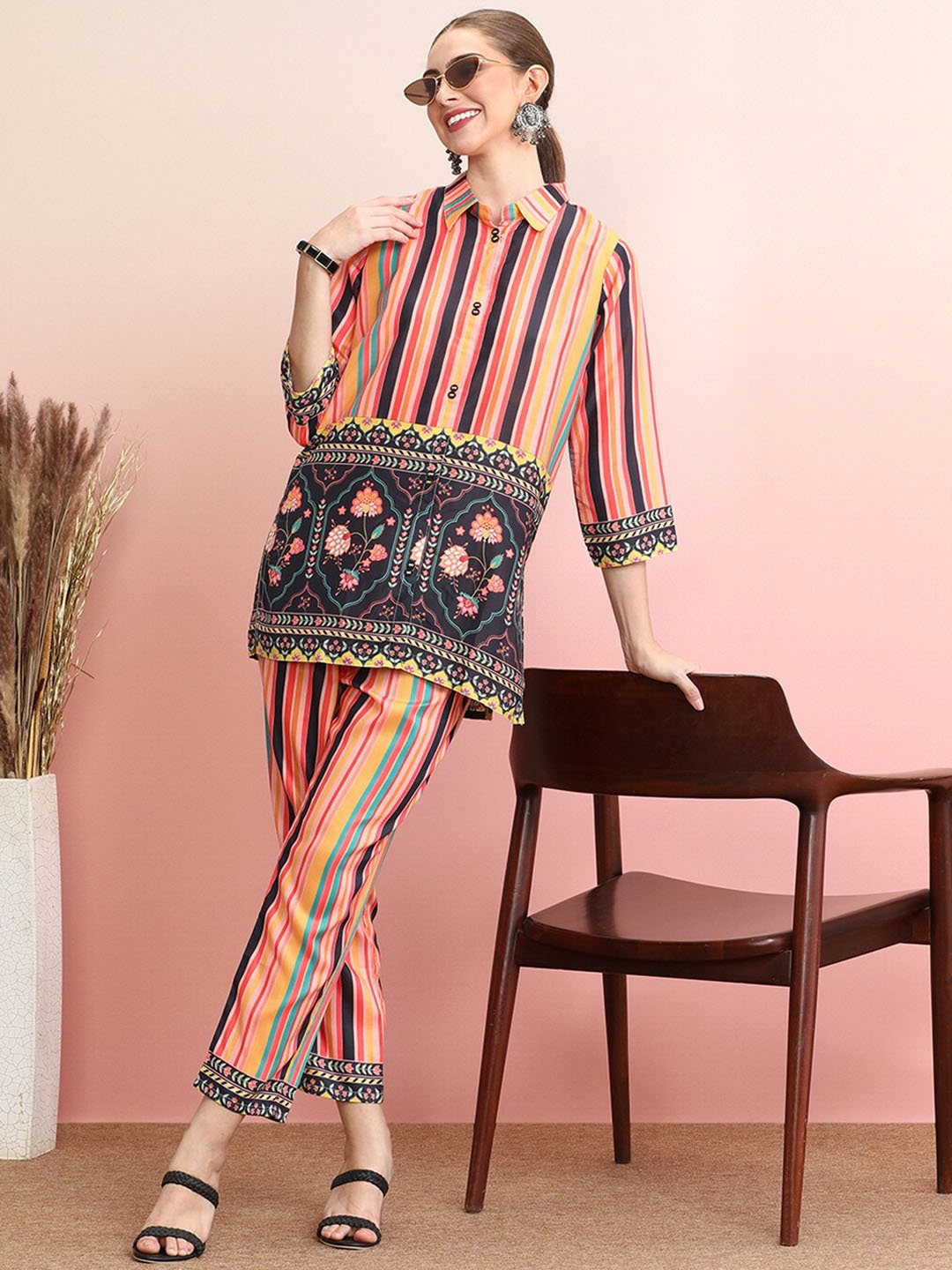 

Indo Era Striped Shirt With Trousers, Orange