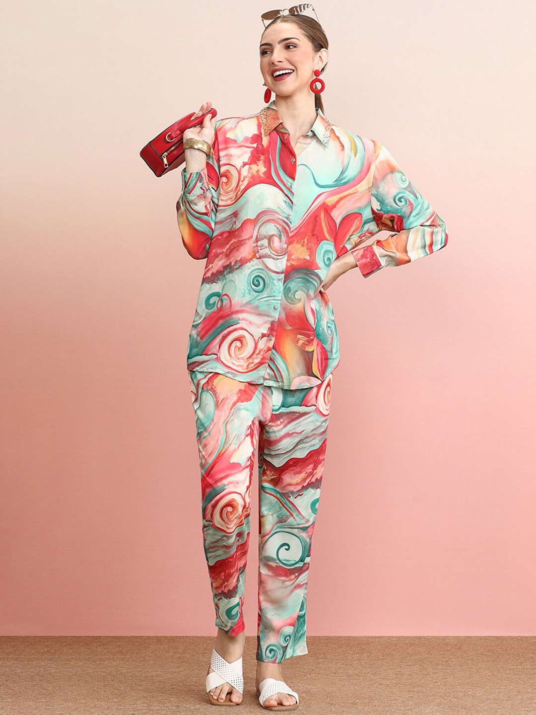 

Indo Era Printed Shirt With Trousers Co-Ords, Red