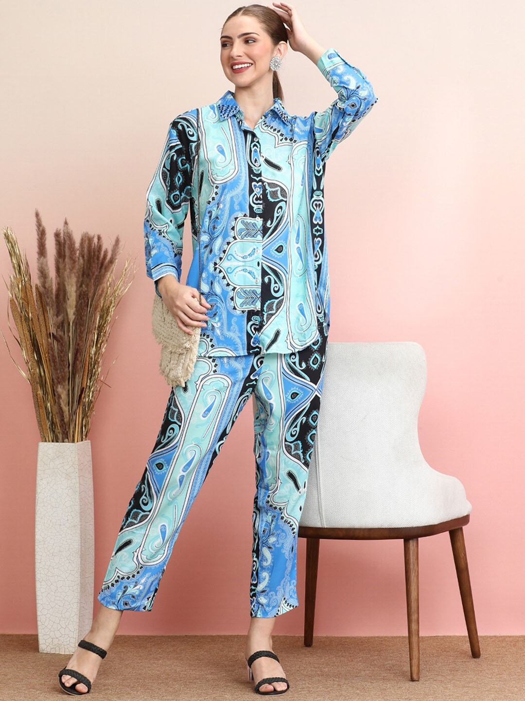 

Indo Era Printed Shirt With Trousers Co-Ords, Blue
