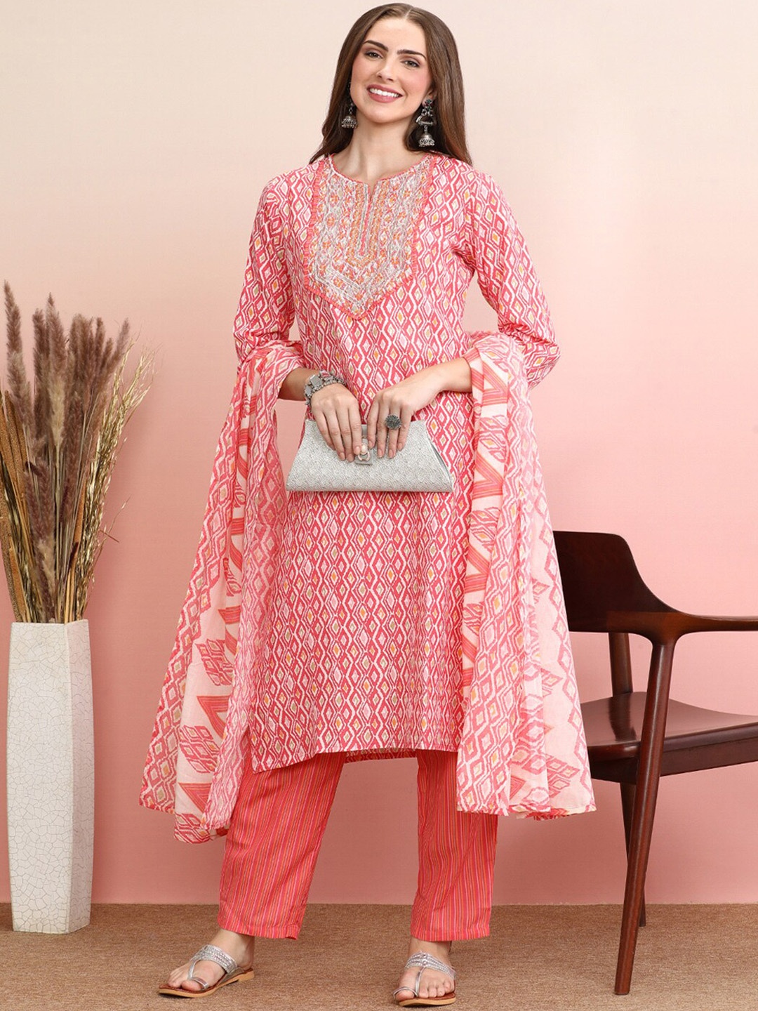

Indo Era Printed Regular Sequinned Pure Cotton Kurta With Trousers & Dupatta, Pink