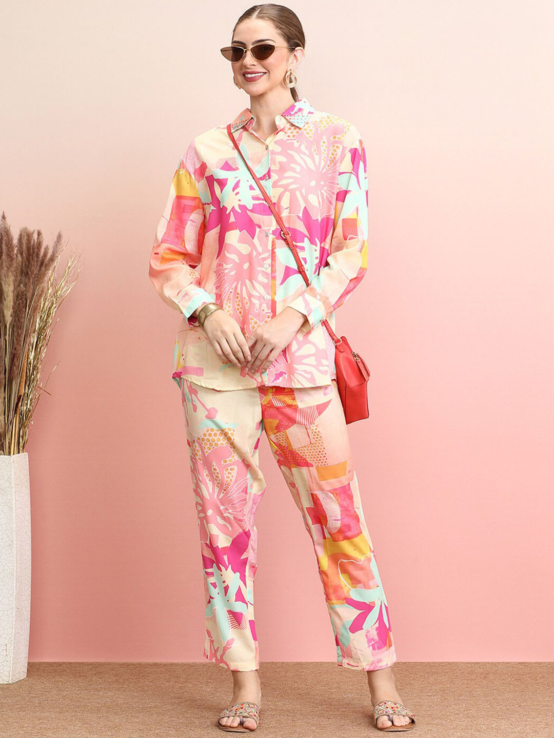

Indo Era Floral Printed Long Sleeves Shirt With Trousers, Pink