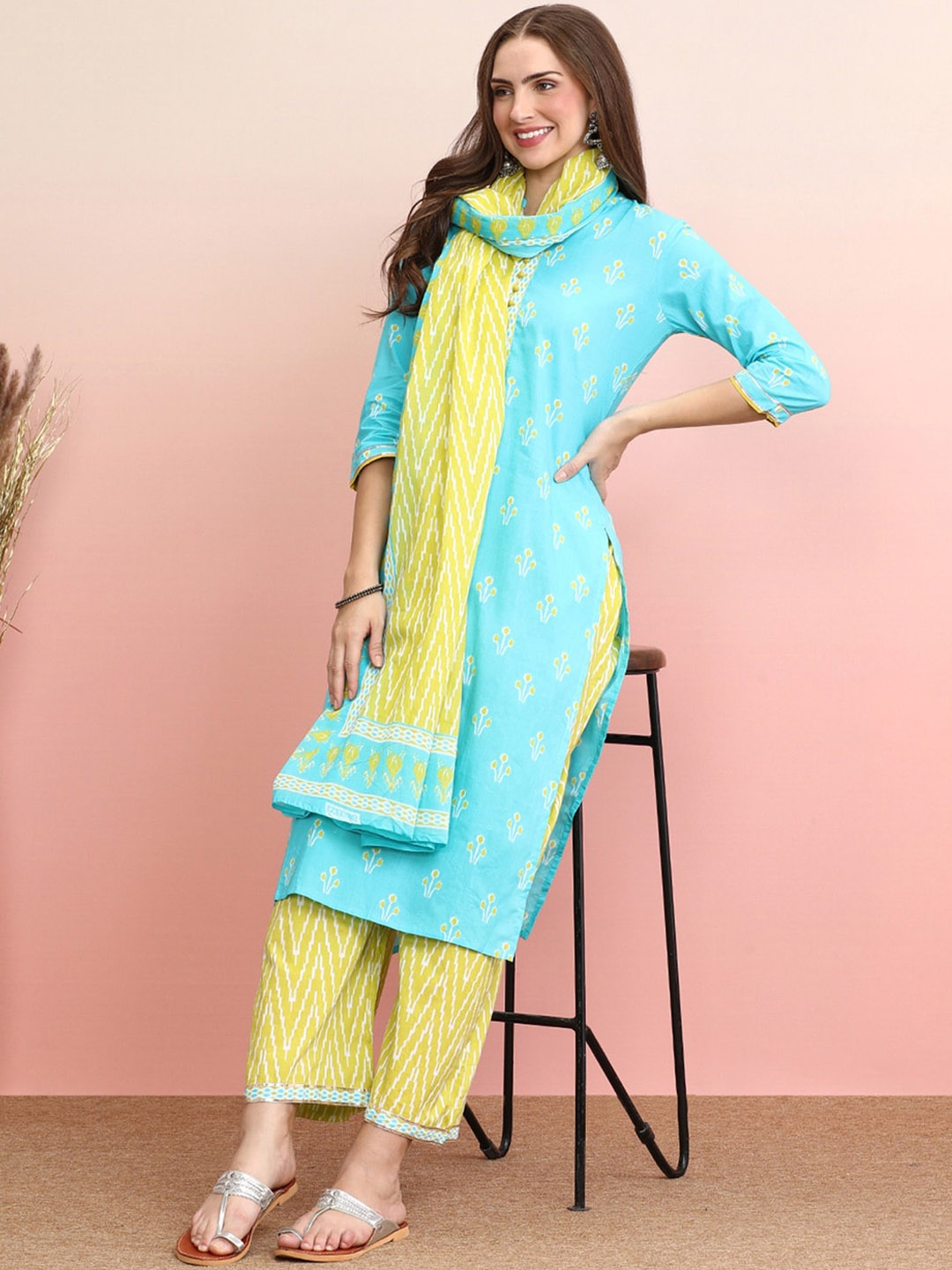 

Indo Era Ethnic Motifs Printed Pure Cotton Straight Kurta With Palazzo & Dupatta, Blue