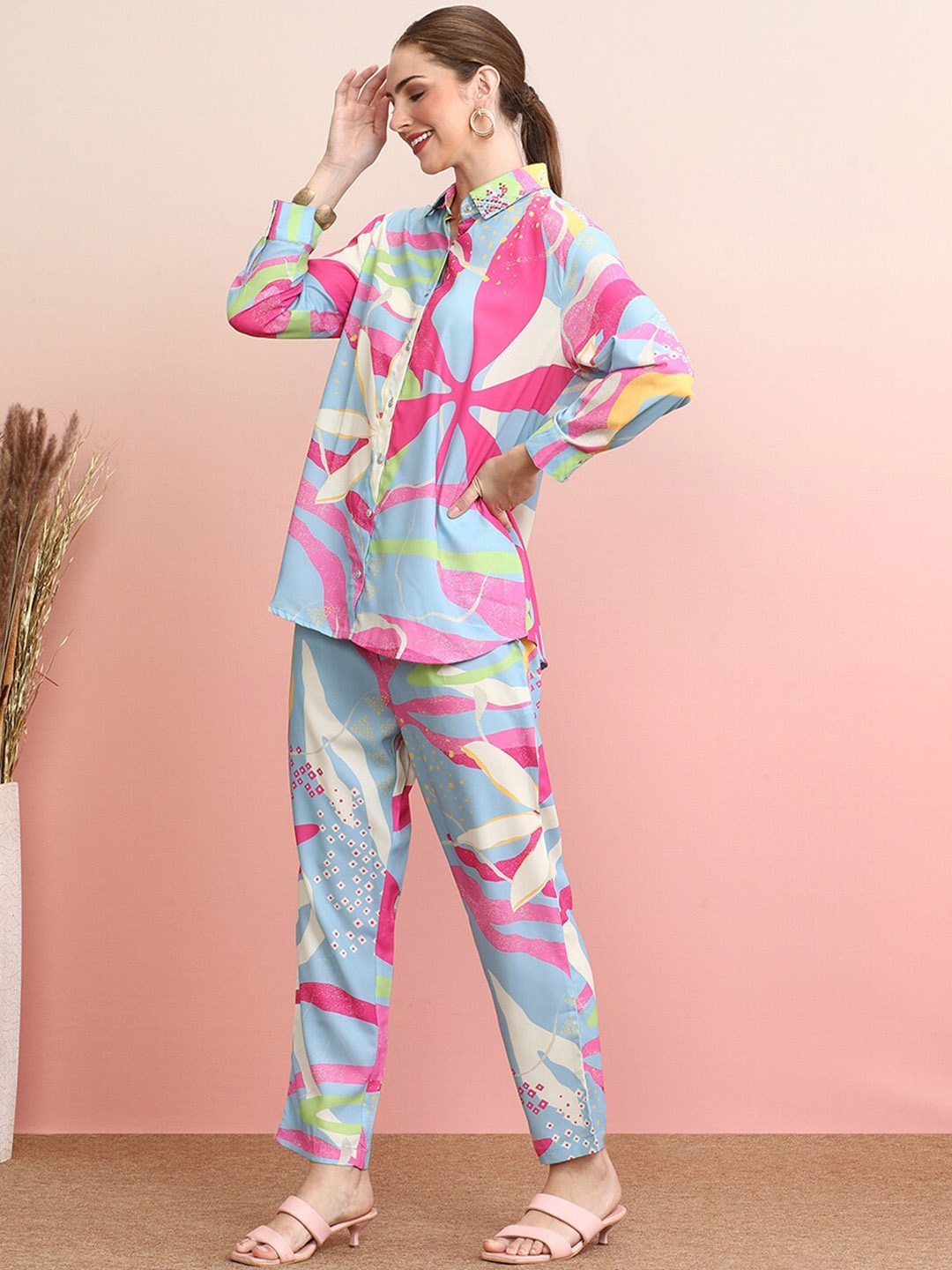 

Indo Era Printed & Embroidered Collar Shirt With Trousers Co-Ords, Blue