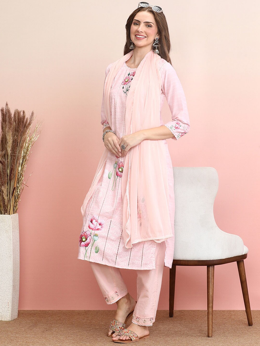 

Indo Era Floral Embroidered Thread Work Pure Cotton Kurta with Trousers & Dupatta, Pink