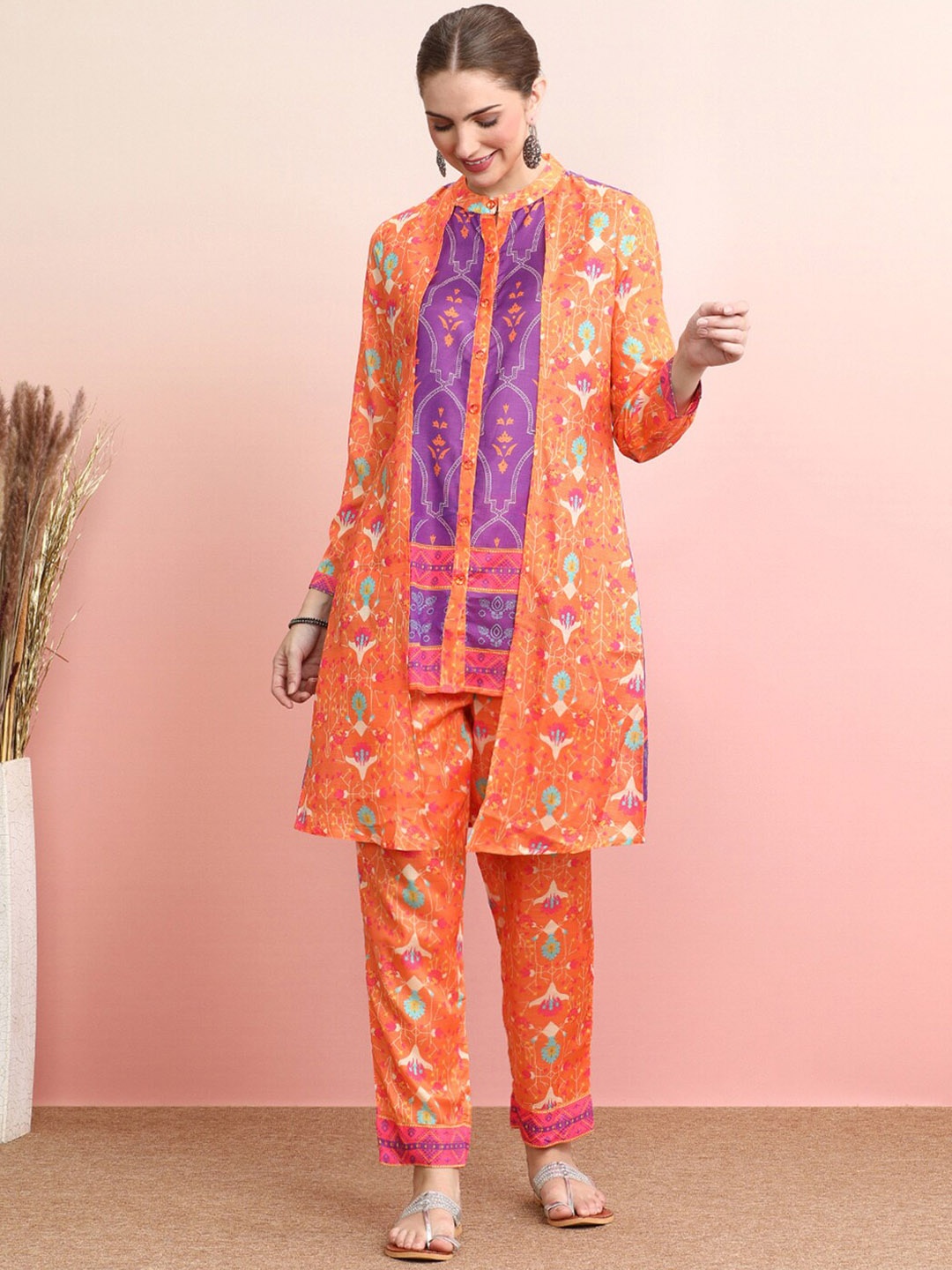 

Indo Era Printed Top With Trousers Co-Ords, Orange