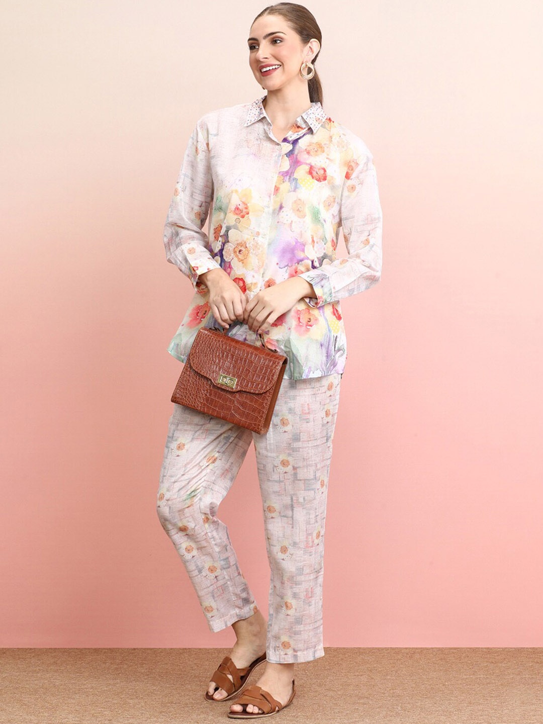 

Indo Era Printed & Embroidered Shirt With Trousers Co-Ords, White