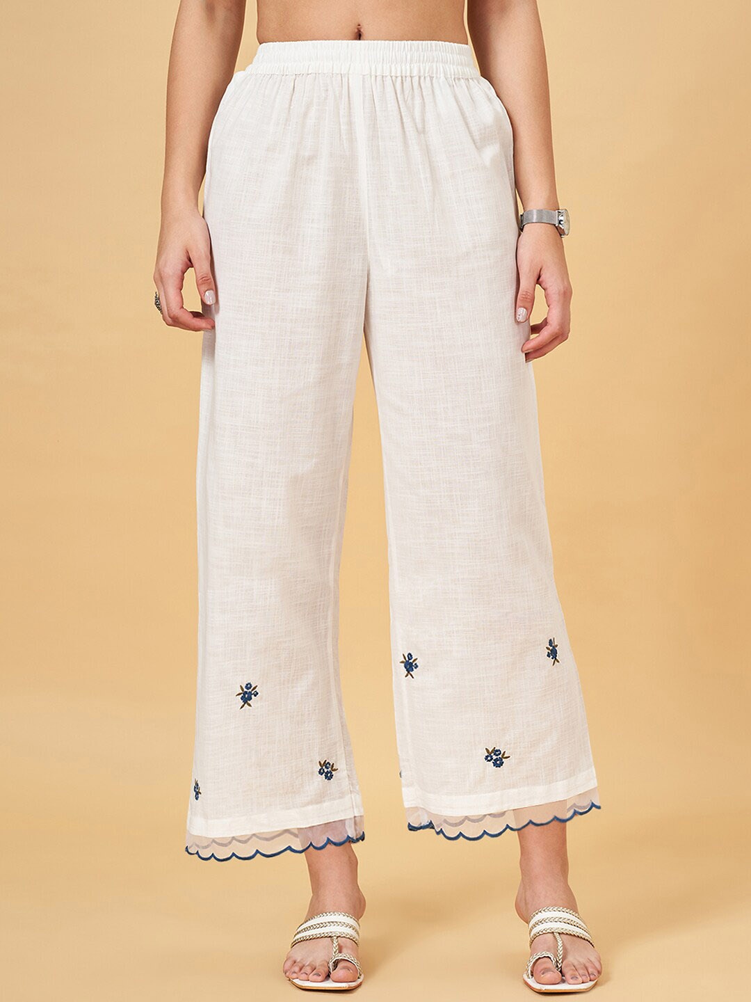 

RANGMANCH BY PANTALOONS Women Floral Embroidered Cropped Cotton Parallel Trousers, Off white