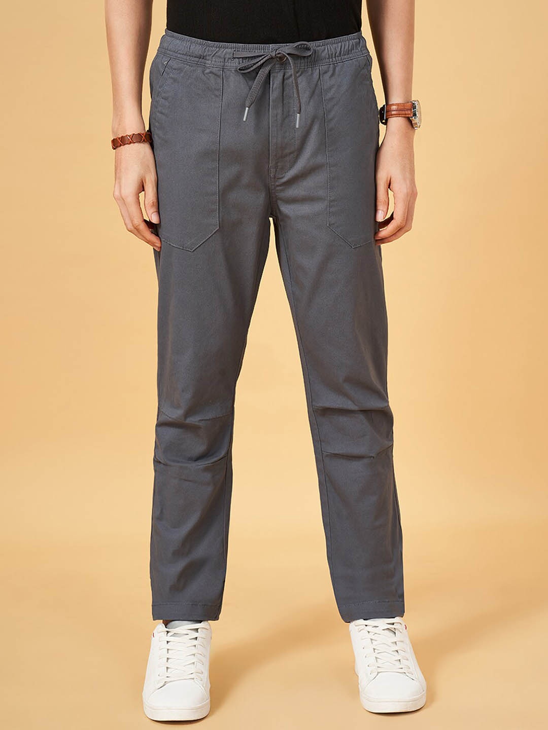 

Urban Ranger by pantaloons Men Mid-Rise Cotton Slim Fit Joggers Trousers, Grey