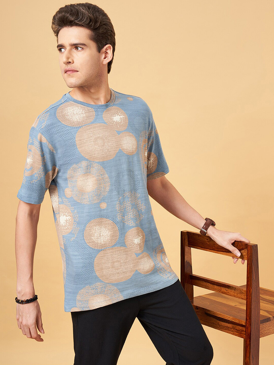 

7 Alt by Pantaloons Geometric Printed Relaxed Fit Cotton T-shirt, Teal