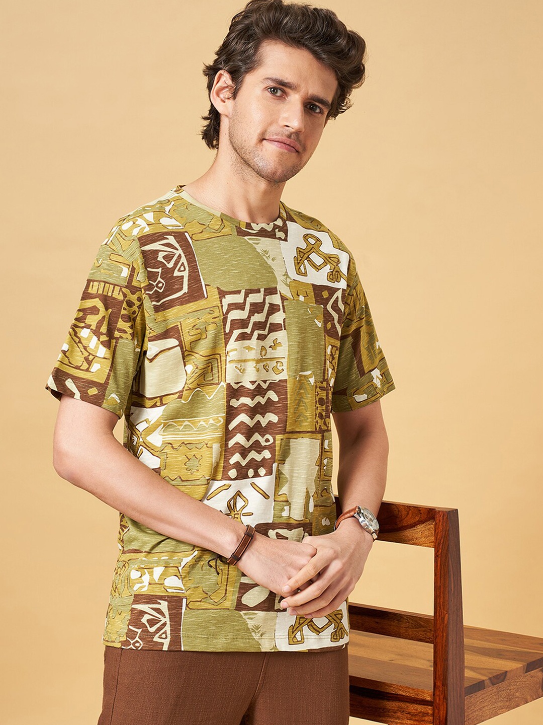 7 Alt by Pantaloons Relaxed Fit Abstract Printed Cotton T-shirt, Green