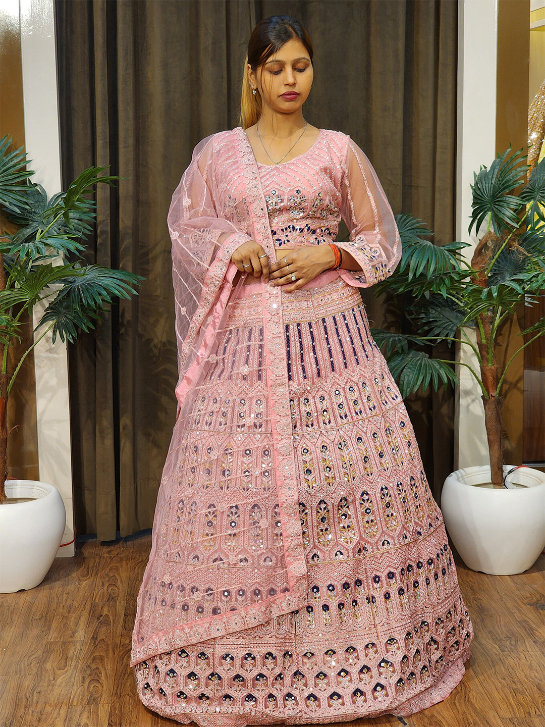

Durga clothing Embroidered Ready to Wear Net Lehenga & Blouse With Dupatta, Pink