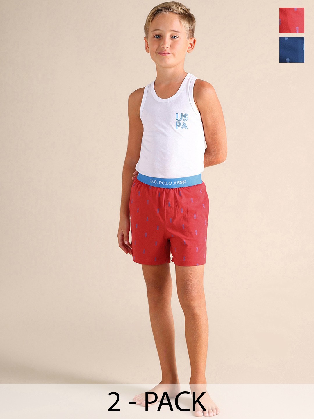 

U.S. Polo Assn. Kids Pack Of 2 Printed Pure Cotton Boxers EKX01-NR0-P2, Red