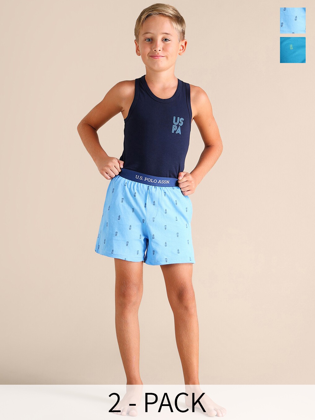 

U.S. Polo Assn. Kids Pack Of 2 Printed Pure Cotton Boxers EKX01-BB0-P2, Blue