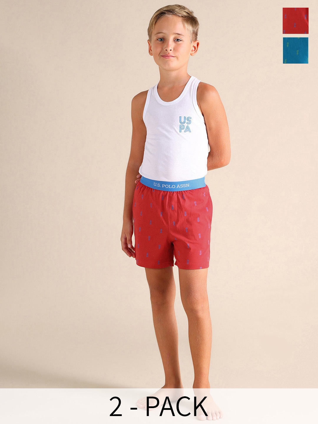 

U.S. Polo Assn. Kids Pack Of 2 Printed Pure Cotton Boxers EKX01-RB0-P2, Red
