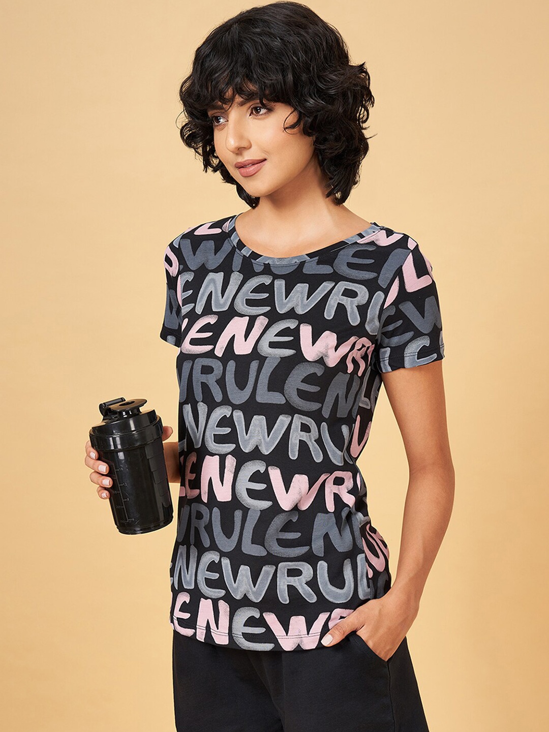 

Ajile by Pantaloons Typography Printed Round Neck Short Sleeves T-shirt, Black