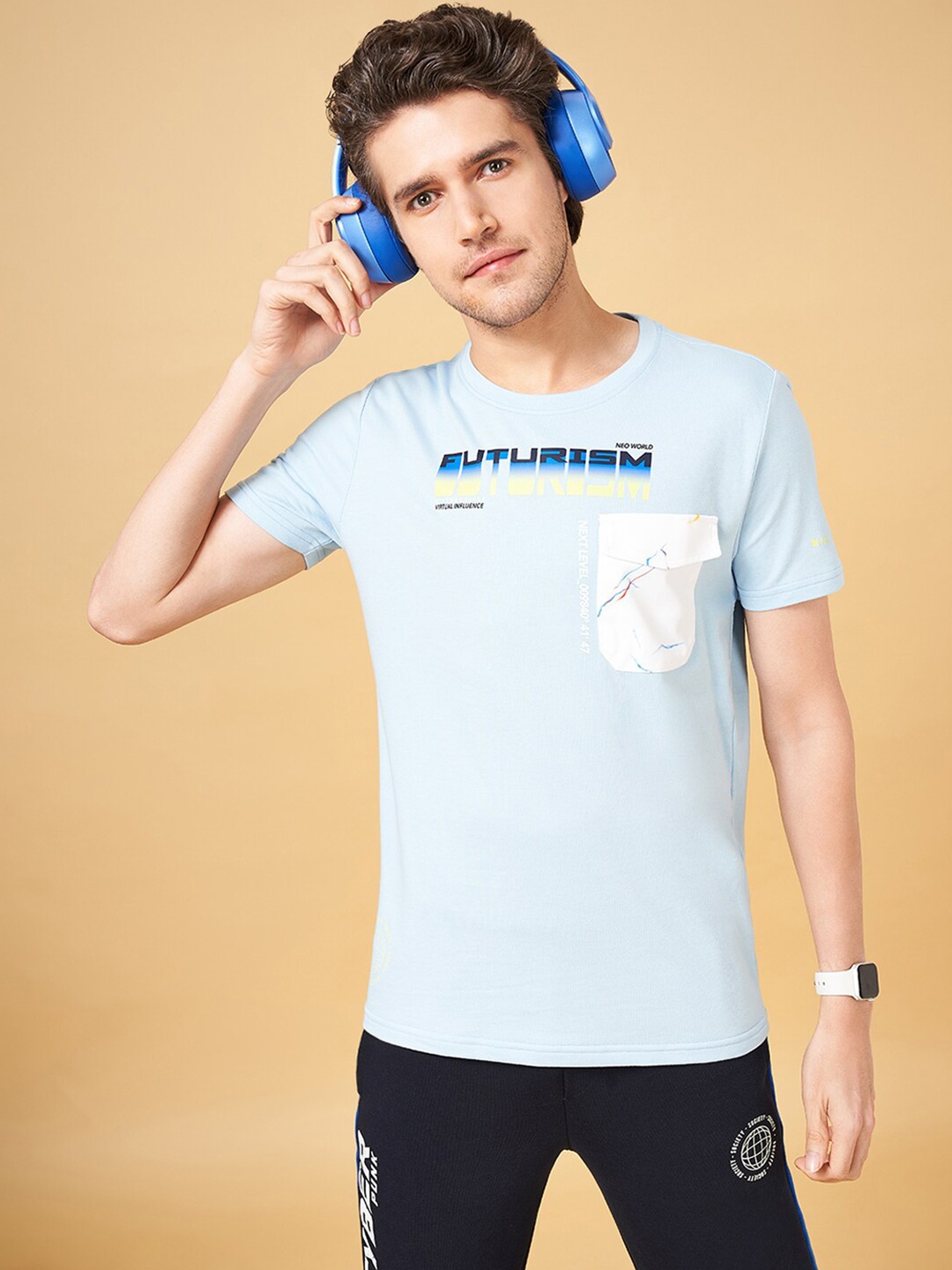 Ajile by Pantaloons Typography Printed Slim Fit T-shirt, Blue